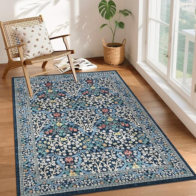 GarveeHome 4x6 Washable Area Rug for Living Room, Floral Large Entryway Kitchen Rug Non Slip, Ultra Soft Stain Resistance Carpet for Bedroom Laundry Room, Dark Blue