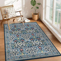 GarveeHome Floral 3x5 Area Rugs for Entryway, Washable Kitchen Rug Non Slip, Low Pile Bedroom Rug, Ultra Soft Stain Resistant Small Carpet for Laundry Room, Dark Blue