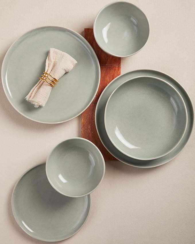 Large Holiday Dinnerware Sets for 8, Ceramic Plates and Bowls Set, Kitchen Dish Set, Microwave & Dishwasher Safe Dishware, Perfect for Christmas & Thanksgiving, Gray Green