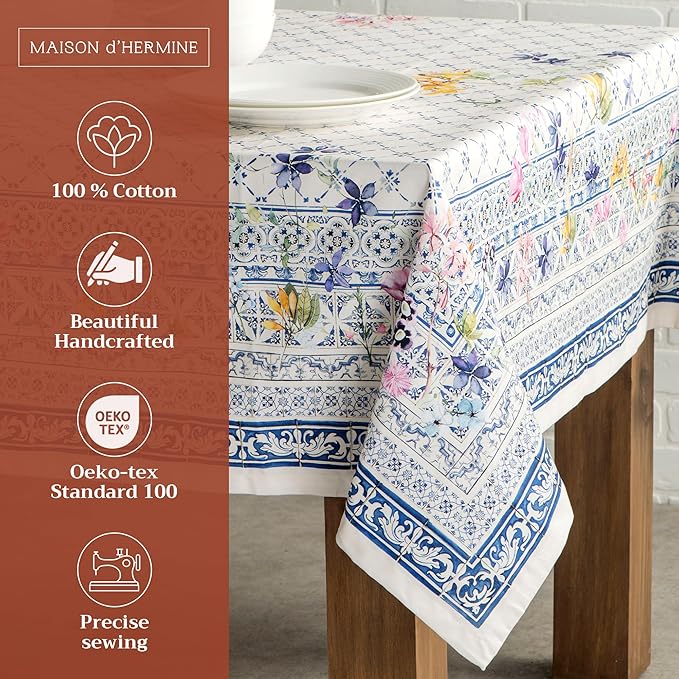 Maison d' Hermine Table Cloth Rectangle Table 100% Cotton 70 x 140 Inches Tablecloth Reusable Decorative for Dining Room Farmhouse Home Valentines Day Decorations Spring Summer - Faience