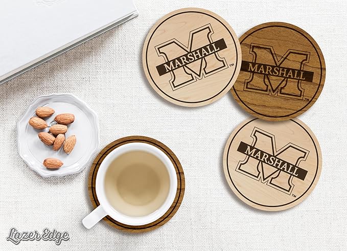 LazerEdge Marshall Thundering Herd Wooden Coaster Set - Cherry Wood - Officially Licensed Product - 4-Pack