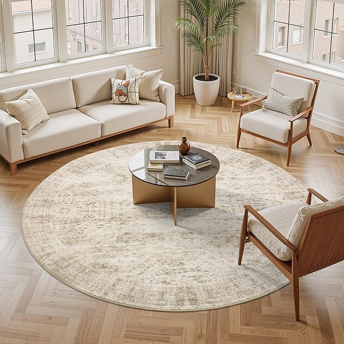 8x8 Beige Round Rug 8ft Living Room Circle Rug Vintage Round Area Rug Non Slip Indoor Carpet for Apartment