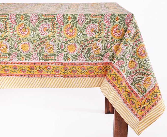 ATOSII Clover Green 100% Cotton Rectangle Boho Fall Tablecloth, Handblock Floral Table Cloth Linen for Kitchen Dining I Parties Wedding Outdoors Christmas Thanksgiving I 72 X 140 Inches I 12 Seater