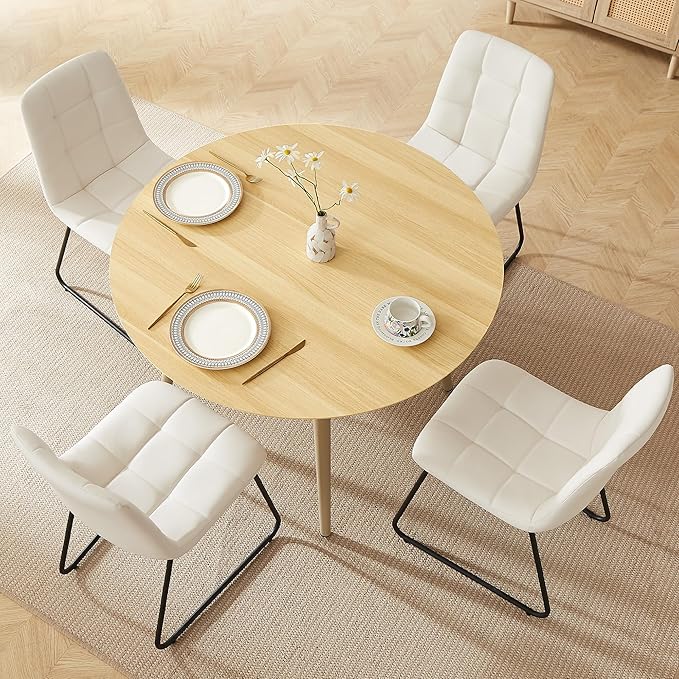 43.3 Inch Round Dining Table Set for 4, Modern Small Kitchen Coffee Set for Dining Room Kitchen Apartment (Cream Table+4 U-Shaped White Chairs)