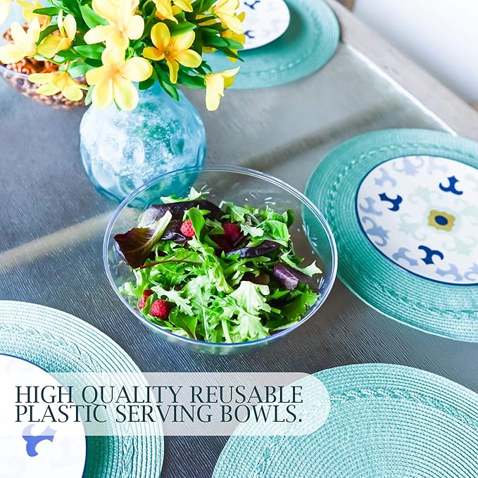 PLASTICPRO Disposable Round Serving Bowls, Party Snack or Salad Bowl, Medium, Plastic Crystal Clear Pack of 4