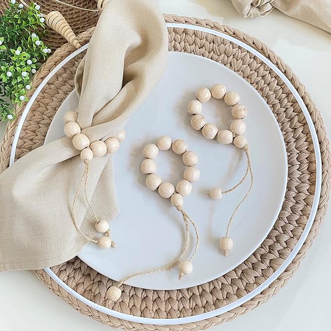 Handmade Napkin Ring with Wood Beads & Jute Twine - Affordable Rustic Wooden Napkin Ring Holder for Table Decoration | Boho Style Farmhouse Napkin Rings | Napkin Rings Set of 6