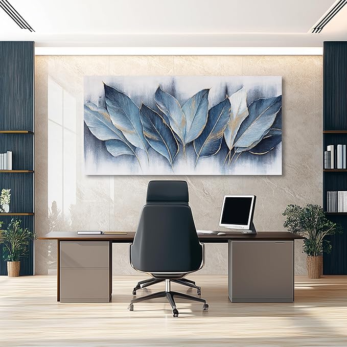 Framed Art Wall Decorations Blue Leaves Canvas Wall Art Abstract Art Modern Artwork For Living Room Bedroom Dining Room Home Office Decor 29"X58"