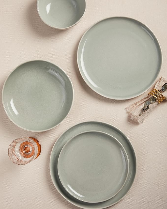 32 Piece Dinnerware Set for 8 with Pasta Bowls, Gray Green Reactive Glaze Stoneware | All‑in‑One Host Set for Entertaining, Holiday Meals, Multi‑Course Dish Set | Unique Irregular Look