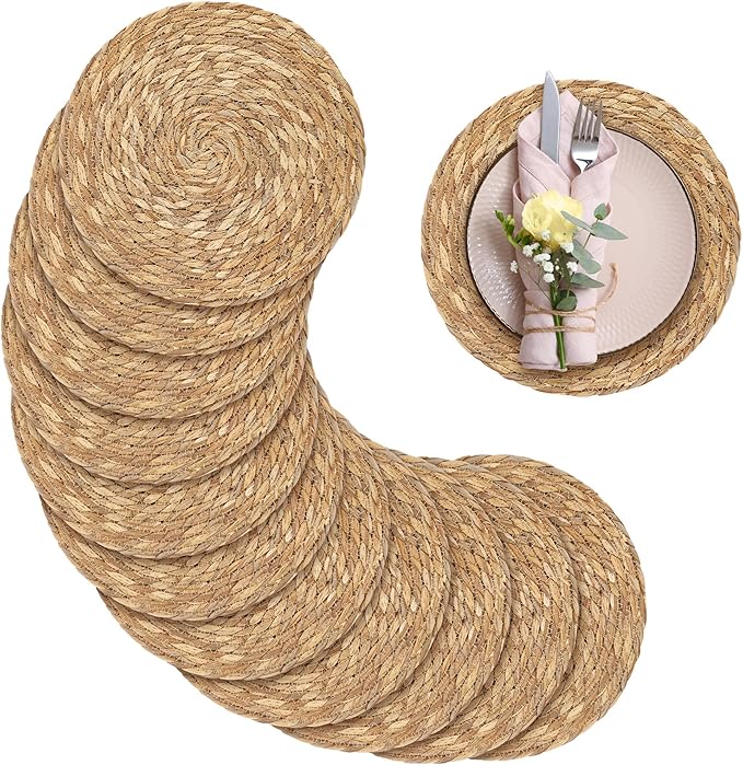 Aneco 12 Pack 12-Inch Round Woven Placemats Natural Hand-Woven Boho Rattan Wicker Bulrush Placemat Farmhouse Rustic Braided Table Mats for Dining & Kitchen Decor
