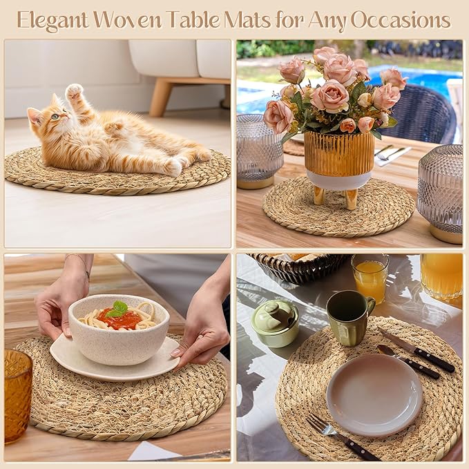 Aneco 36 Pack 13.8-Inch Round Woven Placemats Natural Hand-Woven Boho Rattan Wicker Bulrush Placemat Farmhouse Rustic Braided Table Mats for Dining & Kitchen Decor