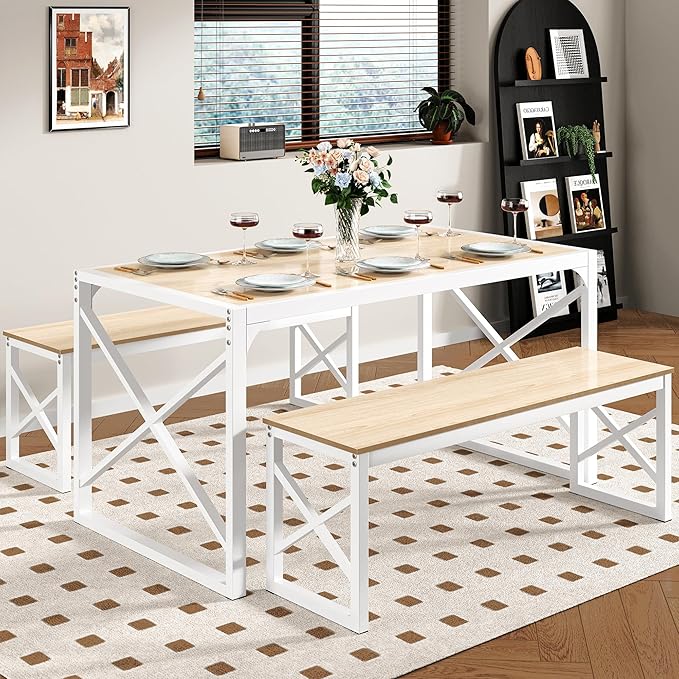 VECELO Kitchen Dining Table Sets for 6, 55" Wood Dinette 2 Benches with Metal Frame for Dinner Breakfast Nook and Small Space, Oak