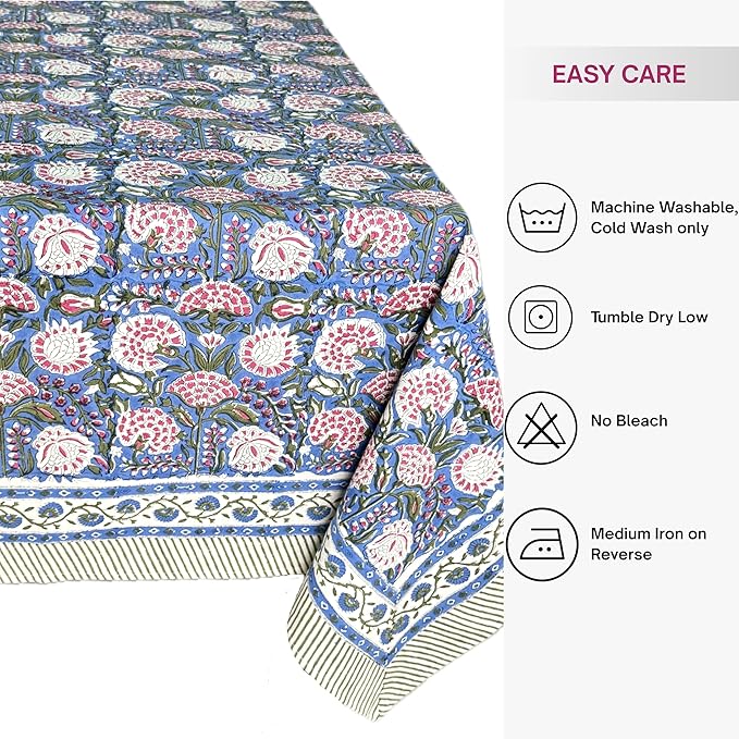 ATOSII Clover Pink 100% Cotton Square Boho Fall Tablecloth, Handblock Floral Table Cloth Linen for Kitchen Dining I Parties Wedding Outdoors Picnic Easter I Home Decor 60 X 60 Inches I 4 Seater