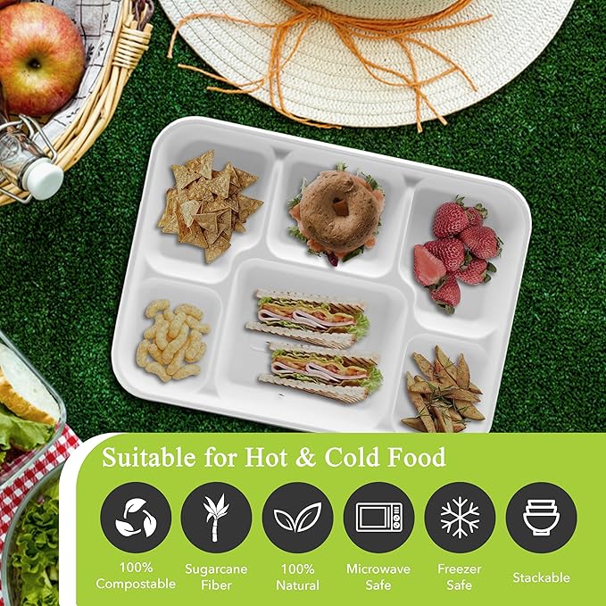 three leaf 6 Compartment Bagasse Tray 150 Ct. Heavy Duty, Super Strong,Eco Friendly Disposable Bagasse Plates,100% Biodegradable Plates, Microwave and Freezer Safe, Ideal for Party, Dinner and Picnic