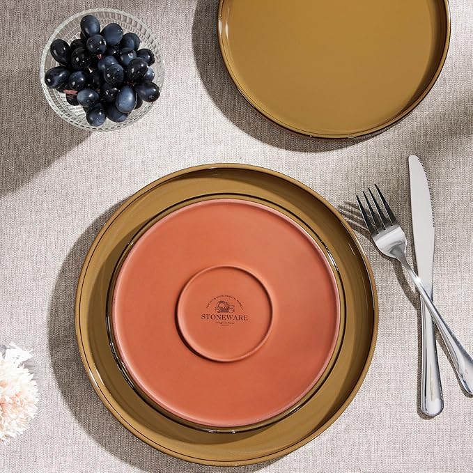 Herogo 24 Pieces Stoneware Dinnerware Set for 8, Ceramic Dinner Dishware Sets for Home Kitchen, Plates and Bowls with Rustic Terracotta Bottom, Dishwasher & Microwave Safe, Earthen Brown