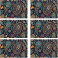 Table Placemats Set of 6 Indian Vintage Paisley Pattern Blue Place Mats Washable Kitchen Dining Linen Table Mats Stain Heat, for Home Party Indoor 12x18 in