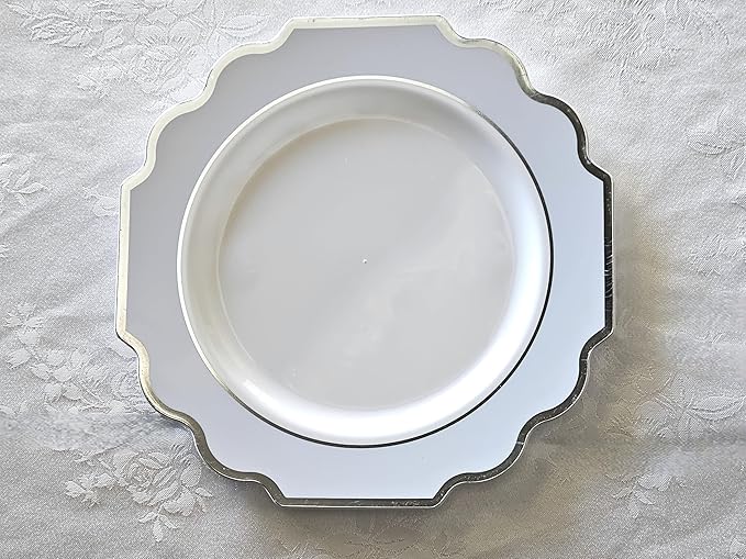 " OCCASIONS " 50 Plates Pack (25 Guests)-Heavyweight Wedding Party Disposable Plastic Plate Set -(25x10.5'' Dinner + 25x8'' Salad/dessert (Imperial in White/Blue & Silver)