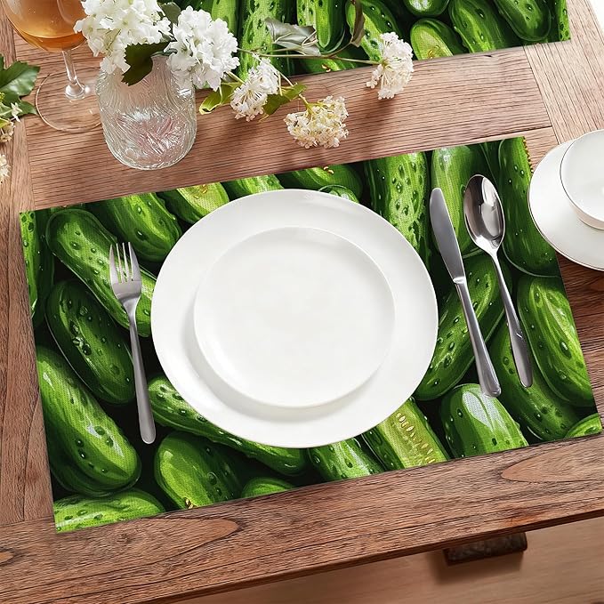 Table Placemats Set of 6,Green Cucumber Cloth Placemats,Vegetable Food Theme Heat-Resistant Table Mats for Kitchen Dining Room Decoration,Non-Slip Fabric Place Mats 11.8x17.7 Inch