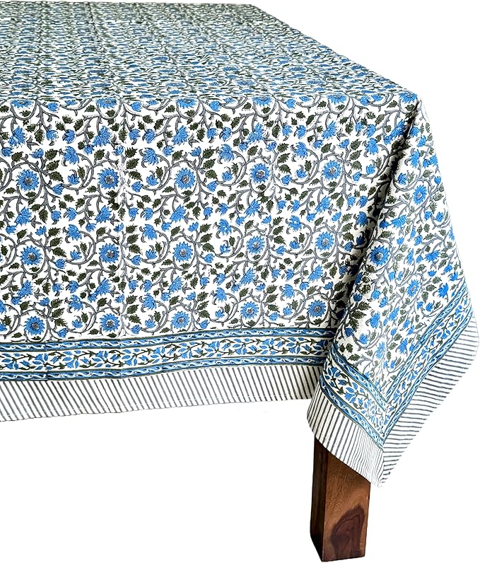 ATOSII Lake Como 100% Cotton Square Summer Tablecloth, Block Print Floral Linen Table Cloth for Kitchen Dining Table I Parties Weddings Outdoors I 60 X 108 Inches I 8 Seater I