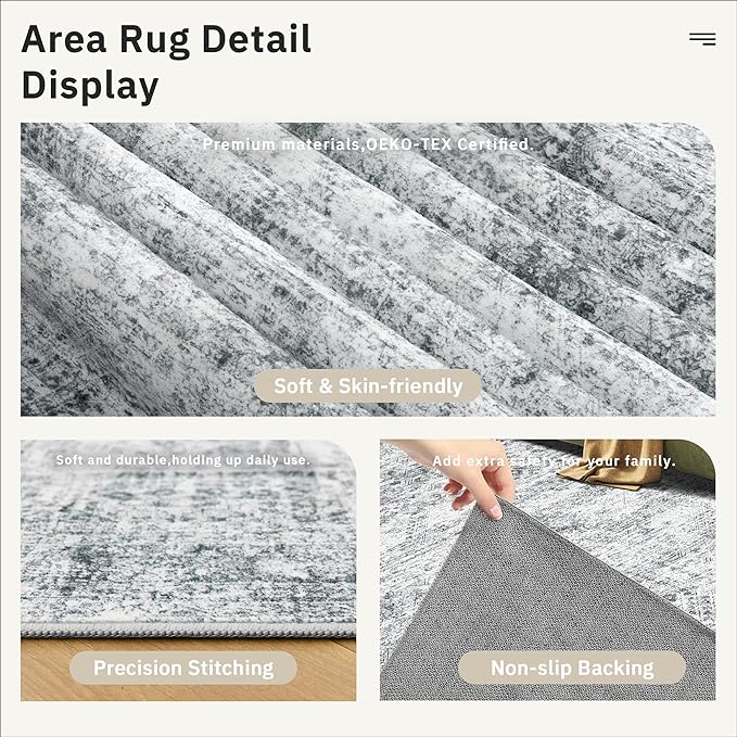 Area Rug 10x12 Vintage Washable Living Room Large Gray Carpet Non Slip Bedroom Indoor Office Dining Room Low Pile Thin Rug Grey
