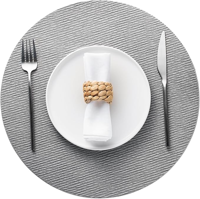 Jovono 15" Faux Leather Big Round Placemats Set of 6 - Washable Heat Resistant Non-Slip Dining Table Mats with Fabric Texture for Kitchen Home Party Decor, Light Gray