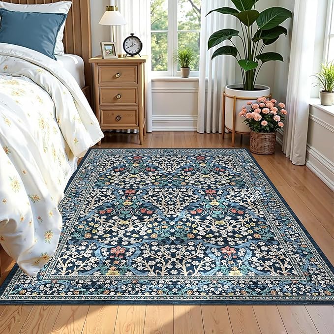 GarveeHome Floral 3x5 Area Rugs for Entryway, Washable Kitchen Rug Non Slip, Low Pile Bedroom Rug, Ultra Soft Stain Resistant Small Carpet for Laundry Room, Dark Blue
