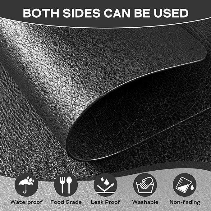 Faux Leather Placemats Set of 6, Washable Place Mats, Wipeable Waterproof Oil-Proof Heat Resistant Table Mats, Non-Slip Vinyl Placemats Rectangular Place Mat for Table Indoor Outdoor (Black)