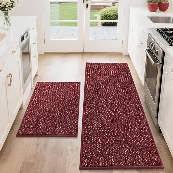 COSY HOMEER Kitchen Rugs Non Slip Washable 24"x36"+24"x60" Absorbent Kitchen Mats for Floor Stain Resistant Kitchen Runner Rug Sets of 2 Kitchen Floor Mats for Sink,Red
