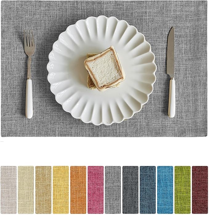 Softalker Faux Linen Placemats Set of 6-12 x 18 Inch, Heat Resistant Double Layered Durable Burlap Farmhouse Place Mats, Non-Slip Washable Rustic Table Mats for Dining, Kitchen, Party（Light Grey