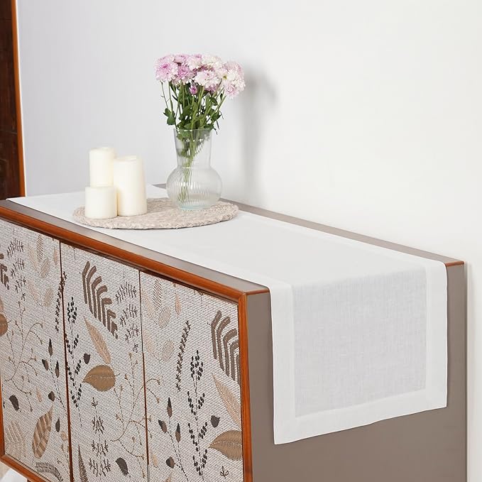 D'Moksha Homes Linen White Table Runner 84 Inches Long - 100% Pure Linen 14 x 84 Inch Table Runner for Dining, Valentines, Spring, Easter - Machine Washable