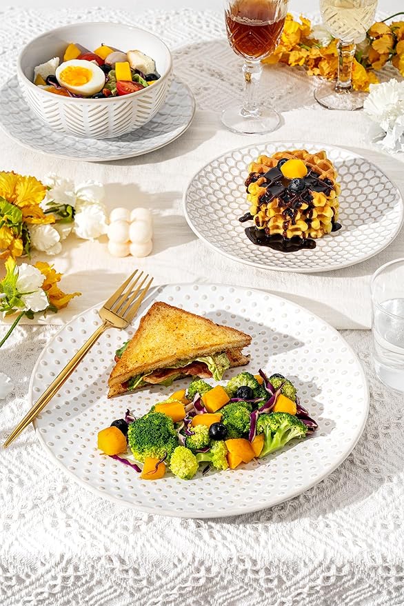16-Piece Ceramic Plates and Bowls Set,Dual Bowl Dish Set with Dinner & Pasta Bowls，Elegant Embossed Dinnerware for Modern Homes,for Microwave & Dishwasher Safe