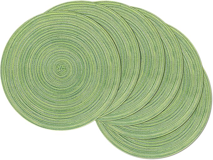 SHACOS Round Placemats Set of 6 for Dining Tables 15 inch Cotton Braided Placemats Washable Reversible for Kitchen Holiday Party (Mixed Color Pea Green, 6)