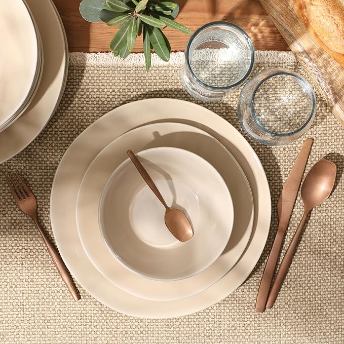 Bloomhouse - Two Time Oprah's Favorite Things Winner - Montecito Breeze 16 Piece (Service for 4) Double Plates and Bowls Stoneware Reactive Glaze Dinnerware Set - Marble Dawn Cream