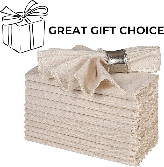 Bedding Craft Cloth Dinner Napkins Linen Flax Cotton 18x18 Set of 12 – Natural with Lace & Mitered Corners – Machine Washable Reusable Fabric Napkins for Weddings, Parties & Table Decorations