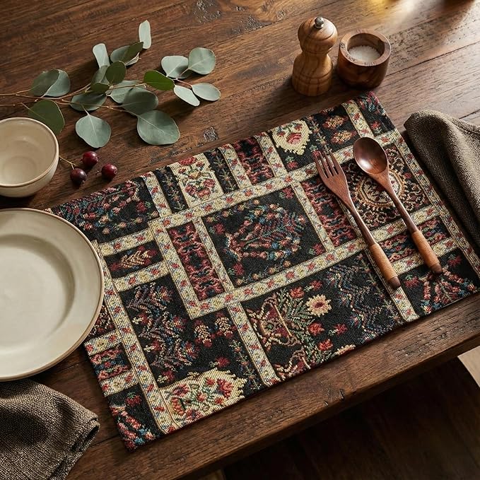 DaDa Bedding Turkish Batik Mughal Floral Tapestry Set of 4 Placemats - Woven Cotton Linen Kitchen Dining Table Mats - Multi-Colorful Black Vintage Indian Garden Ornament Dark Botanical - 13” x 19”