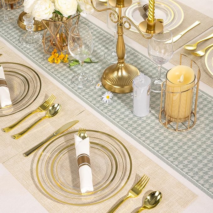 350 PCS Transparent Base With Gold Edge Plastic Dinnerware Set for 50 Guests, 100 Plates for Party, 50 Pre Rolled Napkins with Gold Silverware, 50 Cups