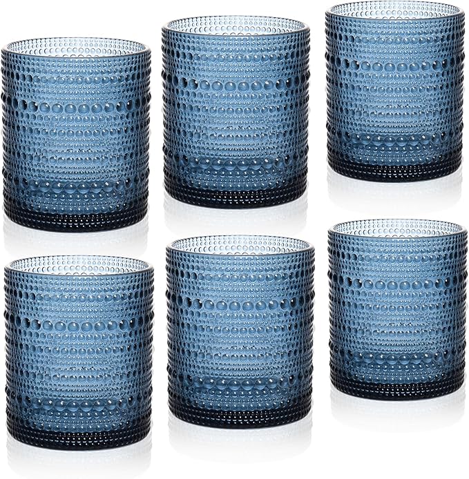 Cocktail Glasses 10 oz Hobnail Drinking Glasses Set of 6, Vintage Glassware, Textured Glass Cups Bubble Glasses Water Glasses Old Fashion Jupiter Glasses Set, Blue