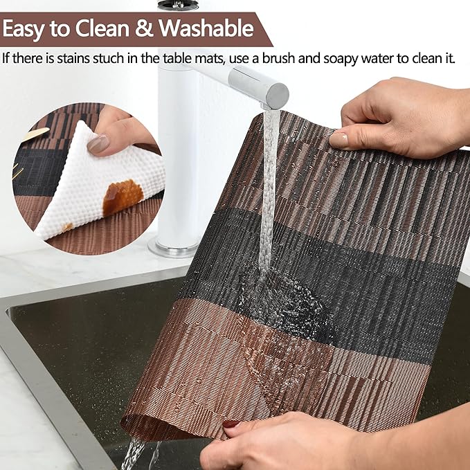 SLKQG Brown Placemats Set of 4 - Easy Clean Modern Durable Washable Vinyl Place Mats - Heat Resistant Placemats for Kitchen Table - PVC Table Mats for Dining Table (Brown Black, 4)