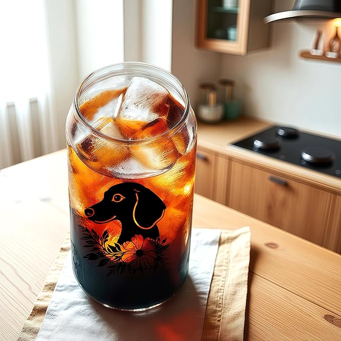 Cute Dachshund Glass Cup With Lids And Straws, Dachshund Gift For Women, Iced, Coffee, Smoothie, Cocktail, Beer, Whiskey, Soda, Matcha,16 Oz, Home Office Table Desk Decoration!