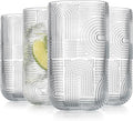 Glaver's Drinking Glasses, Highball Glasses, 17 Ounce Thick Embossed Designed, Set of 4 Clear Kitchen Glassware For Everyday Elegant Serving Coolers, Urban Pattern Modern Drinking Glasses