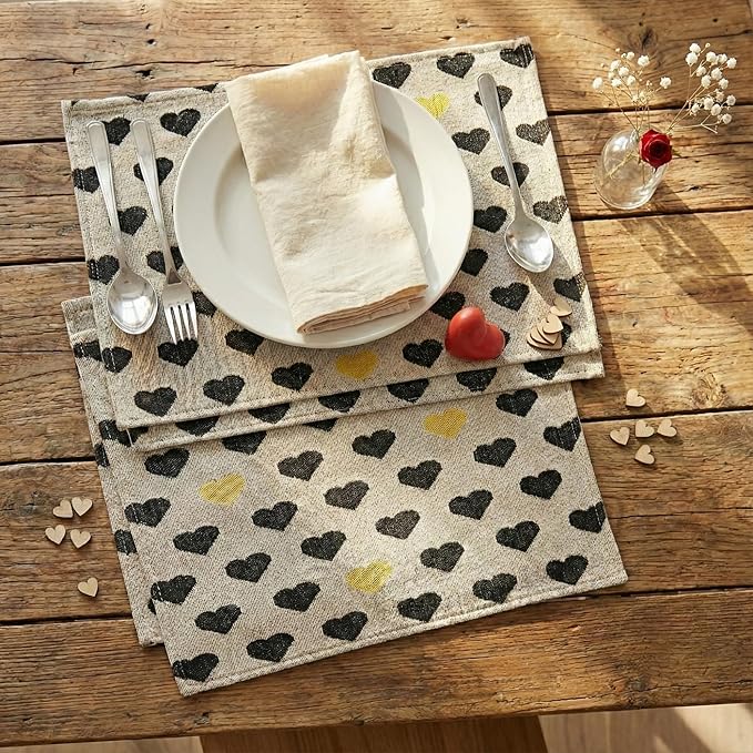 DaDa Bedding Woven Tapestry Heart Placemats – Set of 4 – Black & Gold Heart Pattern Table Mats for Dining Room – Rustic Farmhouse Valentine’s Day Decor & Everyday Kitchen Table Setting – 13" x 19"