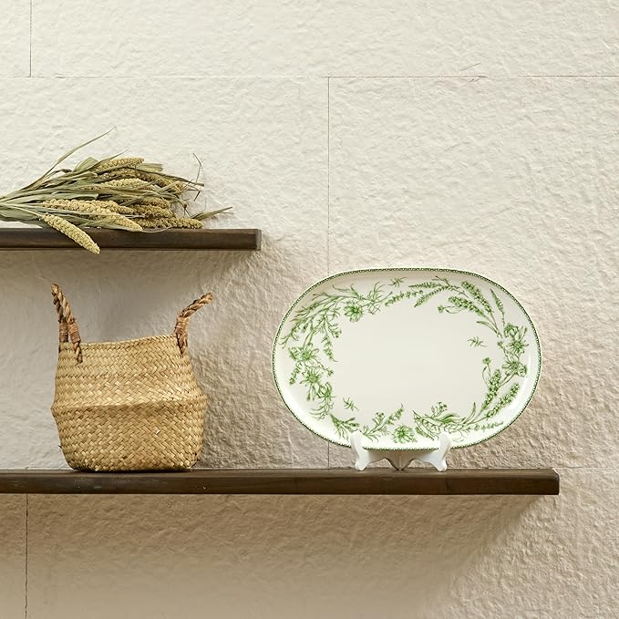 Bico Green Garden Toile De Jouy 16 plus 12 inch Oval Platters Set, Set of 2, Microwave and Dishwasher Safe, for Serving Fish, Chicken, Turkey