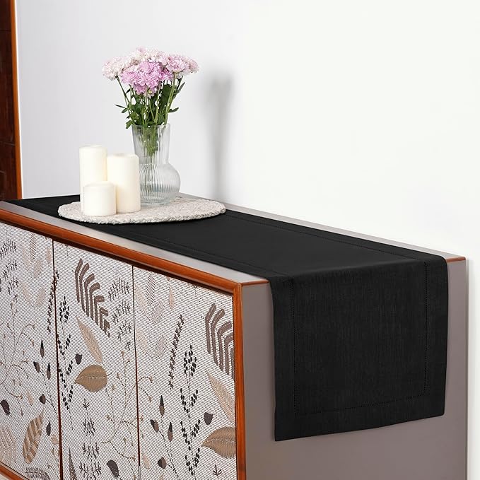 D'Moksha Homes Linen Black Table Runner 90 Inches Long - Classic Hemstitch 100% Pure Linen Dining Table Runner 14 x 90 Inch for Spring, Easter