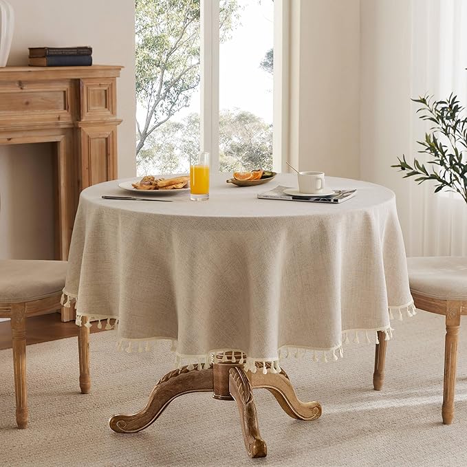 Linen Tablecloth with Tassels, Farmhouse Style Beige Tablecloth, Water Resistant Burlap Tablecloths for Round Table, 52 Inch Round Natural