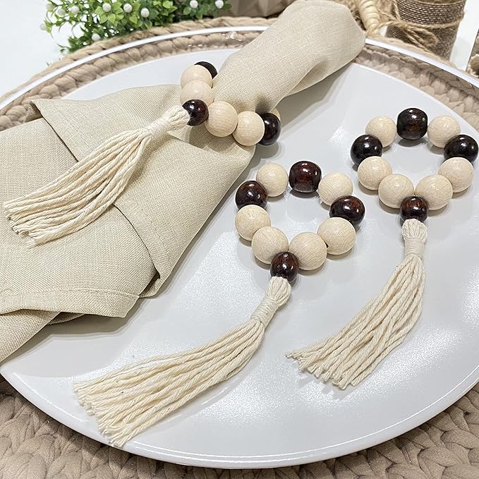 Napkin Rings Set of 6 - Wooden Beads Napkin Rings | Rustic Wooden Napkin Ring Holder for Table Decoration | Handmade LEBEJUA Napkin Ring with Wood Beads & Tassels - Farmhouse Napkin Holder Boho Style