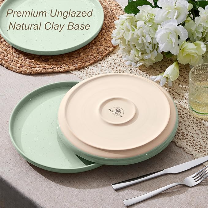 LIANYU Stoneware Dinner Plates Set of 6, 10.5’’ Ceramic Plates for Dessert, Salad, Steak, Pizza, Round Serving Dishes for Kitchen, Microwave, Oven & Dishwasher Safe, Scratch Resistant, Fog Green