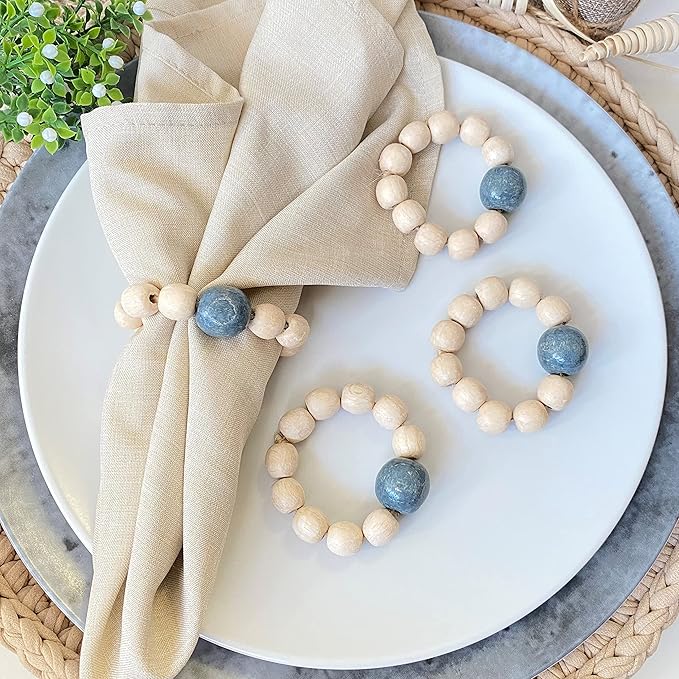 Napkin Rings Set of 6 - Wooden Beads Napkin Rings | Rustic Wooden Napkin Ring Holder for Table Decoration | Handmade LEBEJUA Napkin Ring with Wood Beads & Jute Twine Farmhouse Napkin Holder Boho Style