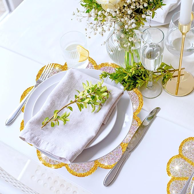 Washable Waterproof Diamond Circle Placemats for Round Tablescape Decor for Dinner and Kitchen Bling Placemats for Weddings & Special Events-2PCS (Yellow)