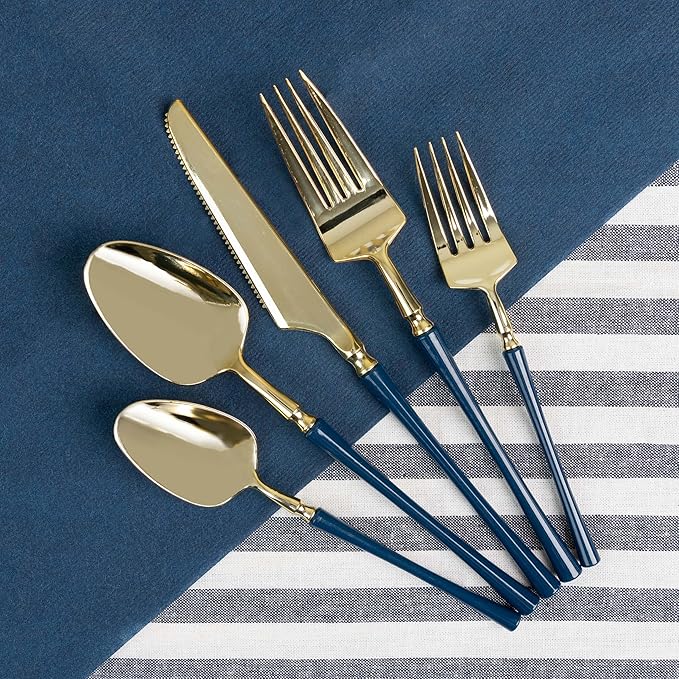 PlasticPro 20 Count Gold and Navy Plastic Salad Forks Premium Quality Heavy Duty Disposable Elegant Silverware Two Tone Salad Forks for Party
