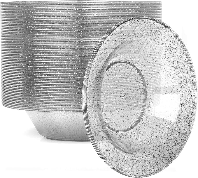 Ilyapa 100 Pack 12 ounce Silver Plastic Bowls, 12 oz Heavy Duty Disposable Plastic Bowls, 12oz Salad, Soup and Dessert Bowl, Wedding, Party Brunch, Silver Glitter