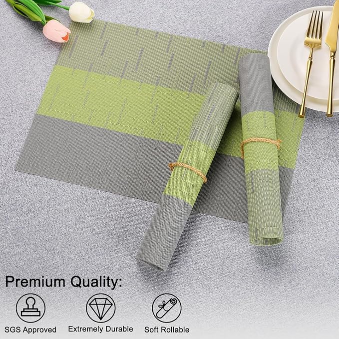 Placemats Set of 8, Vinyl Woven Place Mats Indoor Set of 8 Washable Wipeable PVC Table Mats Heat-Resistant Non Slip Placemat for Kitchen Dining Outdoor Table (Gray Grass Green, Set of 8)